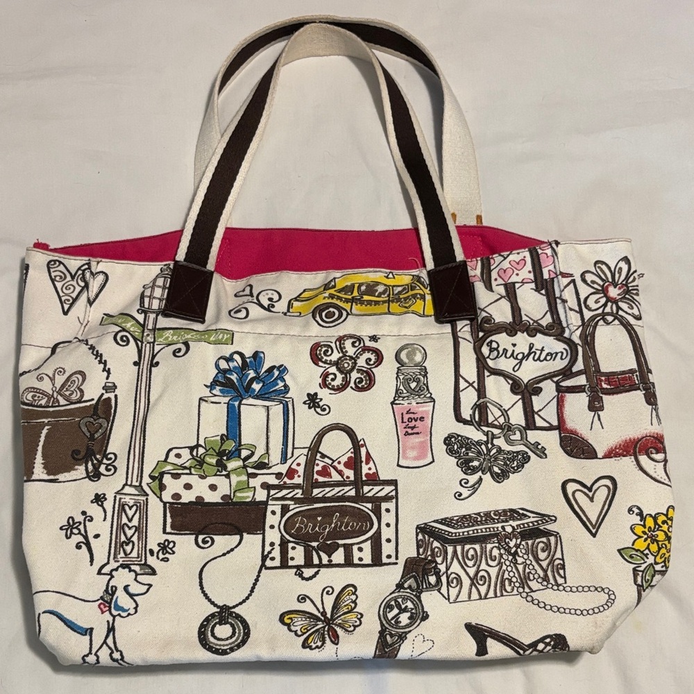 Brighton Printed Canvas Tote Bag in White with Pink Lining